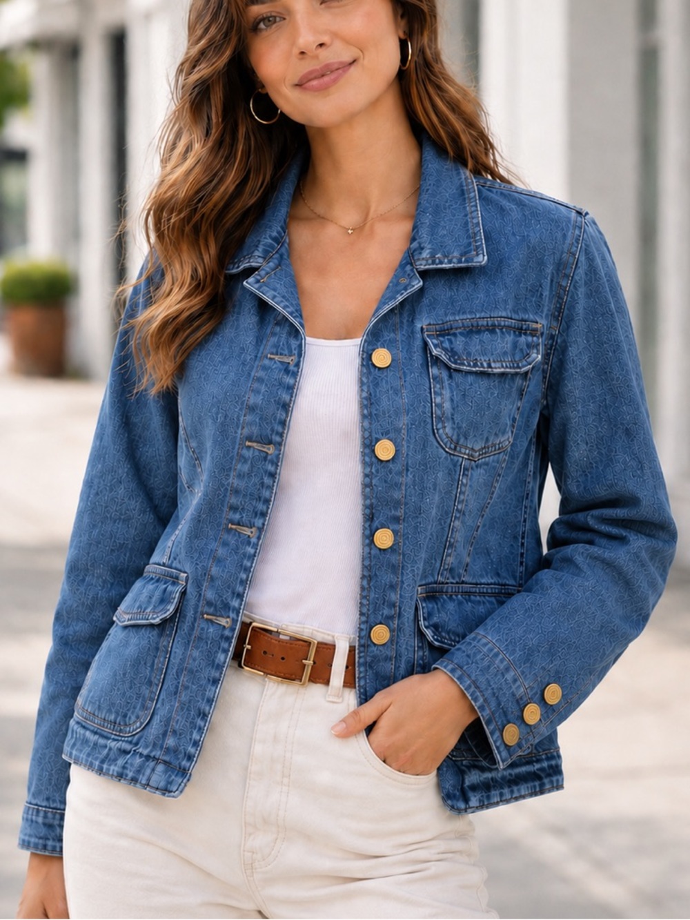 Vintage Tailored Denim Jacket L Coastal Cowgirl Gold Button Western VAN HEUSEN